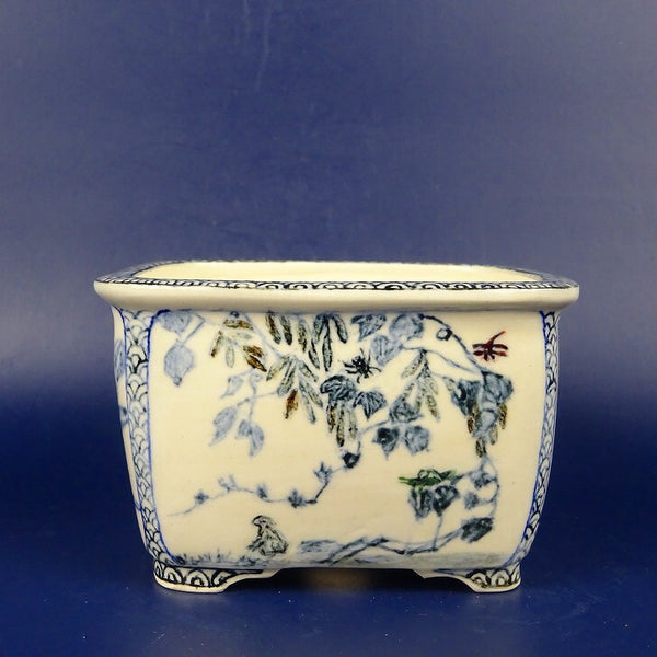 盆栽鉢 紀伊 小型 長辺 約10.5cm 丸鉢 外縁 色絵 鳥 花  新品 t1198410977