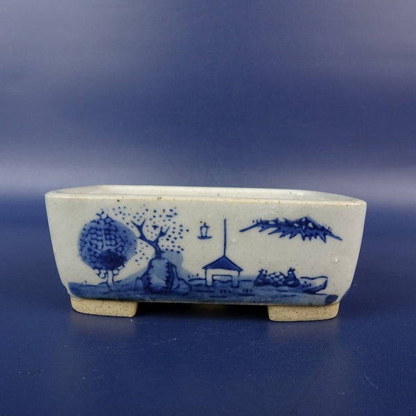 盆栽鉢 丸藤 小鉢 長辺 約 9cm 長方鉢 染付 風景画  新品 x1198416510