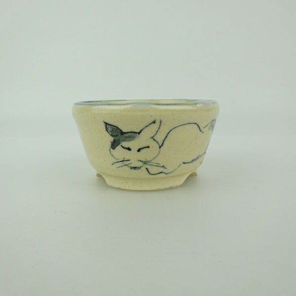 盆栽鉢 ゆうき祥石 小鉢 長辺 約 5.8cm 丸鉢 絵鉢 猫 ネコ ねこ 釉薬 観賞用  新品 b1198418475