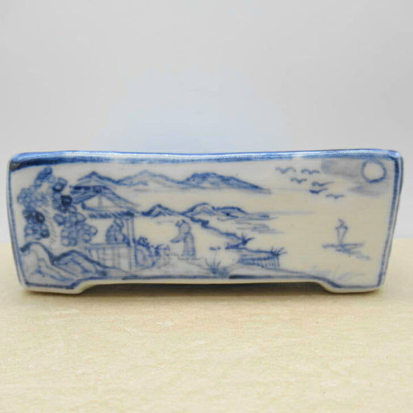 盆栽鉢 谷 嵐山 小型 長辺 約11.3cm 長方鉢 染付 龍 山水図 落款 現代作家 新品 r1198402689