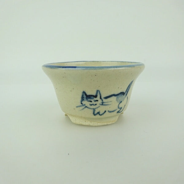 盆栽鉢 ゆうき祥石 小鉢 長辺 約 5.2cm 丸鉢 絵鉢 猫 ネコ ねこ 釉薬 観賞用  新品 n1198406440