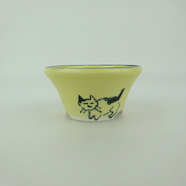 盆栽鉢 ゆうき祥石 小鉢 長辺 約 6.5cm 丸鉢 絵鉢 猫 ネコ ねこ 釉薬 観賞用  新品 p1198417071