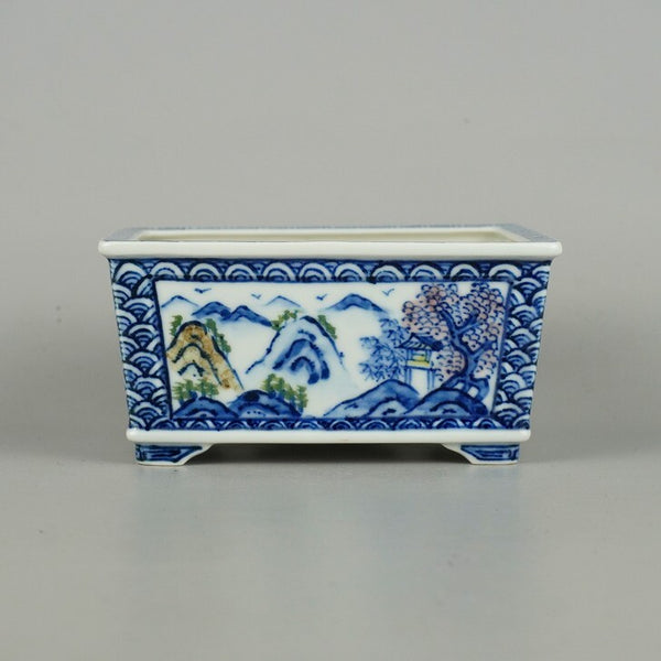 盆栽鉢 平安 香草 小型 長辺 約12.3cm 長方鉢 窓付 色絵 山水図 染付 模様 共布 観賞用  新品 o1198428056