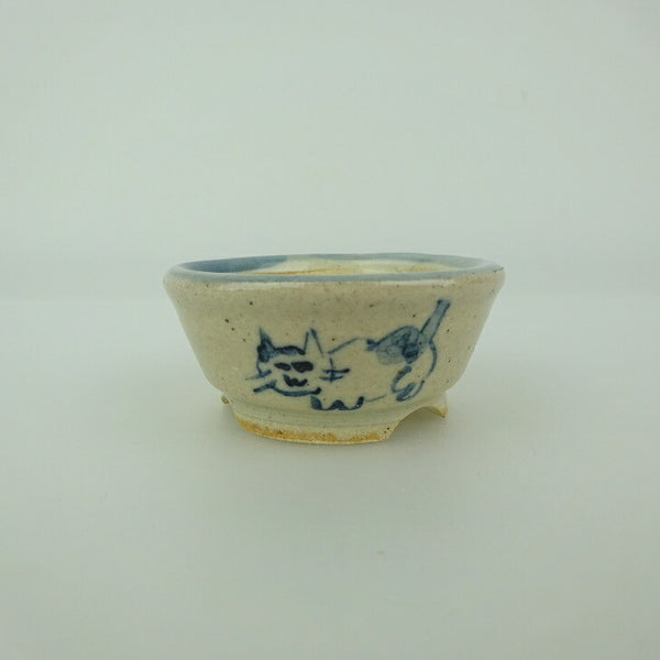 盆栽鉢 ゆうき祥石 小鉢 長辺 約 4.7cm 丸鉢 絵鉢 猫 ネコ ねこ 釉薬 観賞用  新品 u1198431155