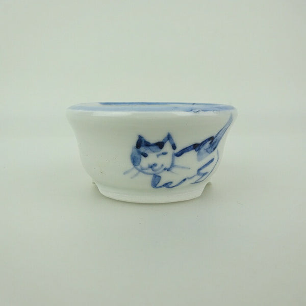 盆栽鉢 ゆうき祥石 小鉢 長辺 約 5.5cm 丸鉢 絵鉢 猫 ネコ ねこ 釉薬 観賞用  新品 u1198421587