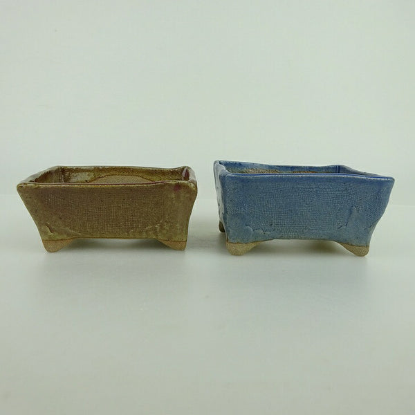 盆栽鉢 ゆうき祥石 2点セット 小鉢 長辺 約8.3cm 長方鉢 茶 水色 釉薬  新品 s1198419253