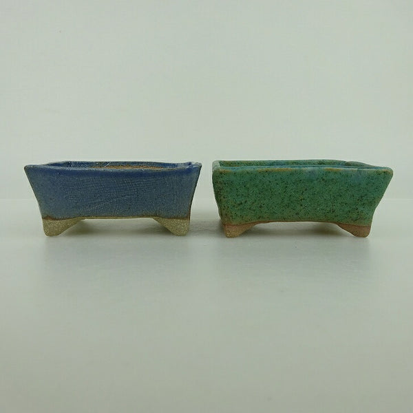 盆栽鉢 ゆうき祥石 2点セット 小鉢 長辺 約8cm 長方鉢 水色 緑 釉薬  新品 1198408508