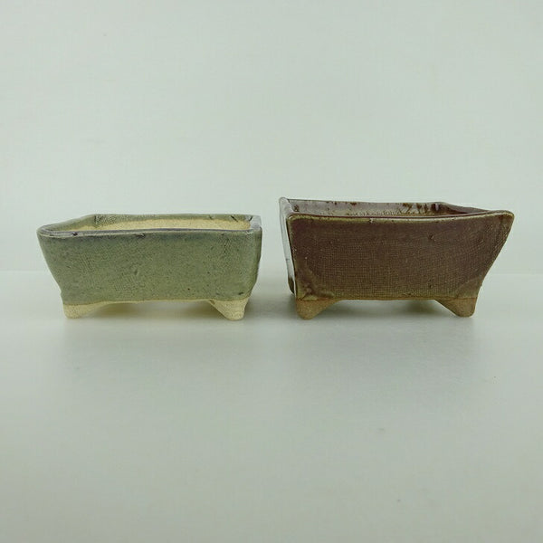 盆栽鉢 ゆうき祥石 2点セット 小鉢 長辺 約8.3cm 長方鉢 グレー 茶 釉薬  新品 t1198404146