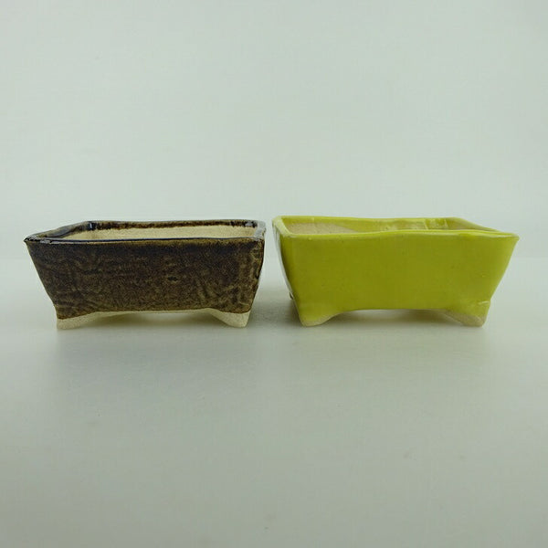 盆栽鉢 ゆうき祥石 2点セット 小鉢 長辺 約8.5cm 長方鉢 茶 黄 釉薬  新品 c1198412906