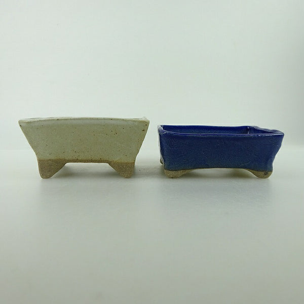 盆栽鉢 ゆうき祥石 2点セット 小鉢 長辺 約7.8cm 長方鉢 白 青 釉薬 観賞用  新品 f1198408389