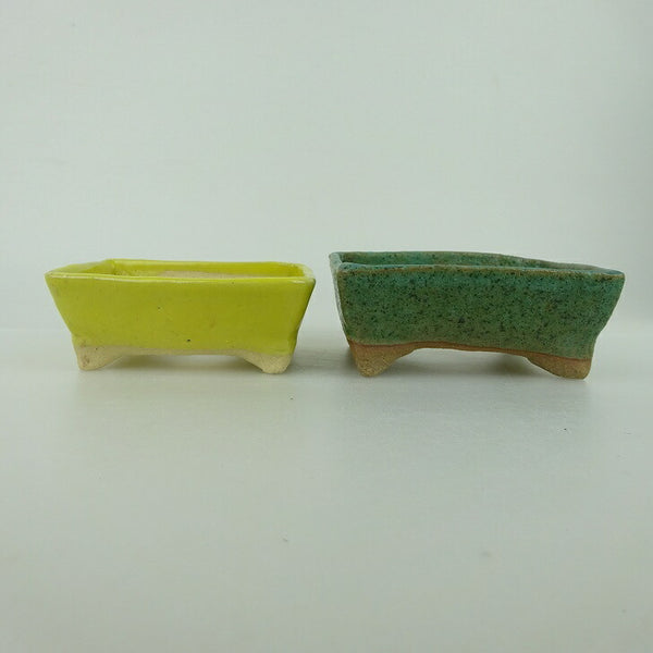 盆栽鉢 ゆうき祥石 2点セット 小鉢 長辺 約8cm 長方鉢 黄 緑 釉薬  新品 k1198412361