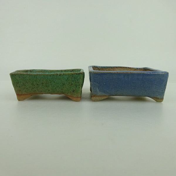盆栽鉢 ゆうき祥石 2点セット 小鉢 長辺 約8cm 長方鉢 緑 水色 釉薬  新品 w1198407740