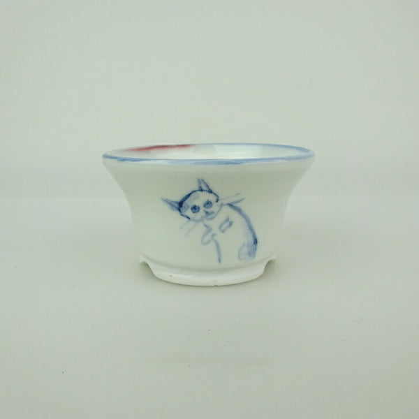 盆栽鉢 ゆうき祥石 小鉢 長辺 約 7.4cm 丸鉢 絵鉢 猫 ネコ ねこ 釉薬 観賞用  新品 f1198416050
