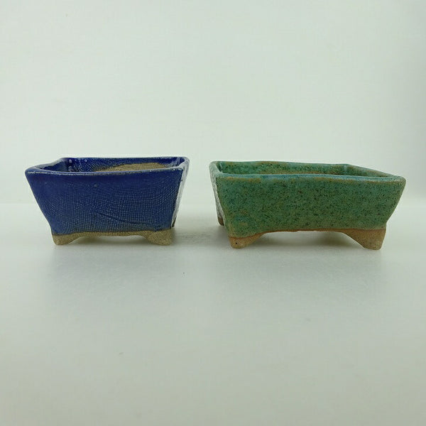 盆栽鉢 ゆうき祥石 2点セット 小鉢 長辺 約8cm 長方鉢 青 緑 釉薬 観賞用  新品 j1198413522