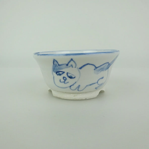 盆栽鉢 ゆうき祥石 小鉢 長辺 約 7.2cm 丸鉢 絵鉢 猫 ネコ ねこ 釉薬 観賞用  新品 u1198431056