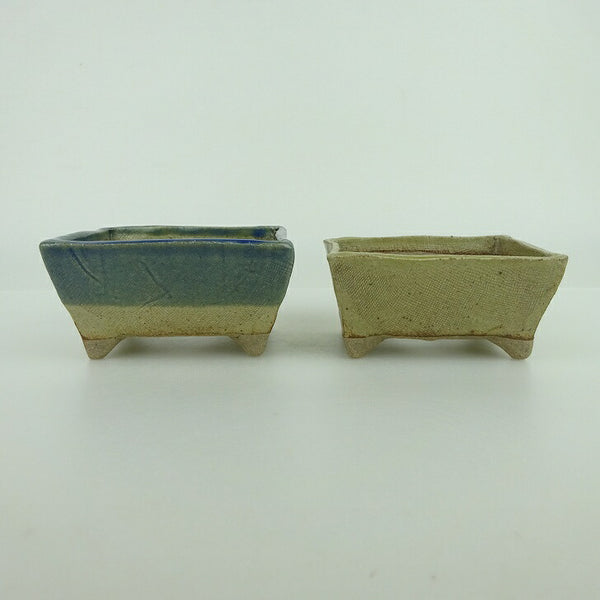 盆栽鉢 ゆうき祥石 2点セット 小鉢 長辺 約8.5cm 長方鉢 茶 水色 釉薬  新品 q1198411746