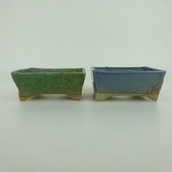 盆栽鉢 ゆうき祥石 2点セット 小鉢 長辺 約8cm 長方鉢 緑 水色 釉薬  新品 h1198427855
