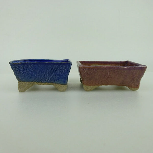 盆栽鉢 ゆうき祥石 2点セット 小鉢 長辺 約7cm 長方鉢 青 茶 釉薬  新品 r1198403940