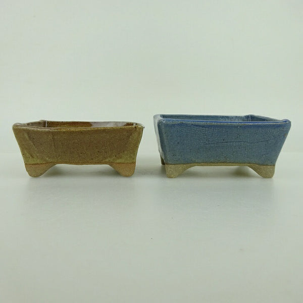盆栽鉢 ゆうき祥石 2点セット 小鉢 長辺 約8.2cm 長方鉢 茶 水色 釉薬  新品 e1198409291