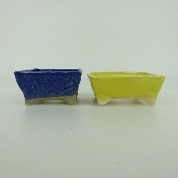 盆栽鉢 ゆうき祥石 2点セット 小鉢 長辺 約7.5cm 長方鉢 青 黄 釉薬  新品 w1198406937