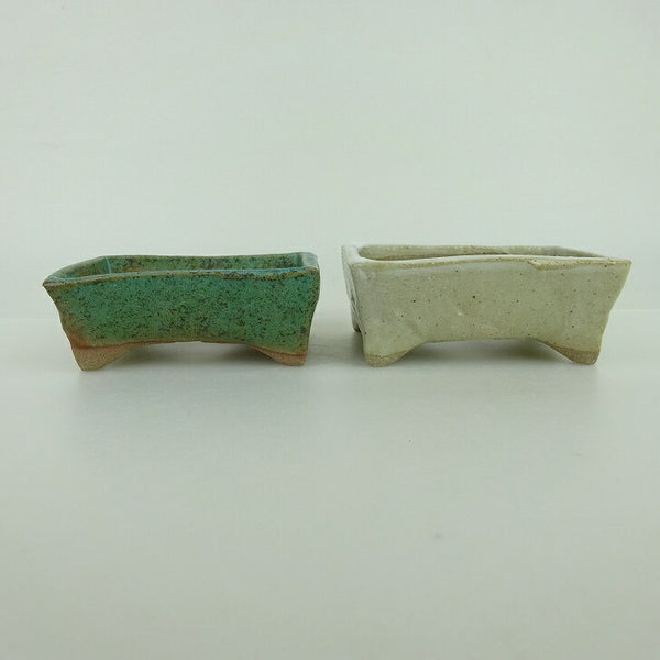 盆栽鉢 ゆうき祥石 2点セット 小鉢 長辺 約8cm 長方鉢 緑 白 釉薬  新品 t1198403687