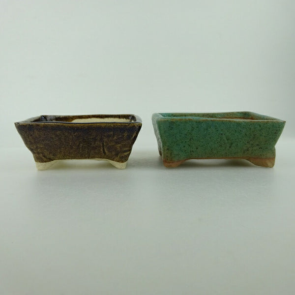 盆栽鉢 ゆうき祥石 2点セット 小鉢 長辺 約8cm 長方鉢 茶 緑 釉薬 観賞用  新品 q1198414467