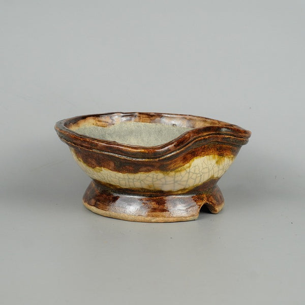 盆栽鉢 大山 大久保 欣三郎 小型 長辺 約14.5cm 変形 丸鉢 釉薬  新品 w1198406938