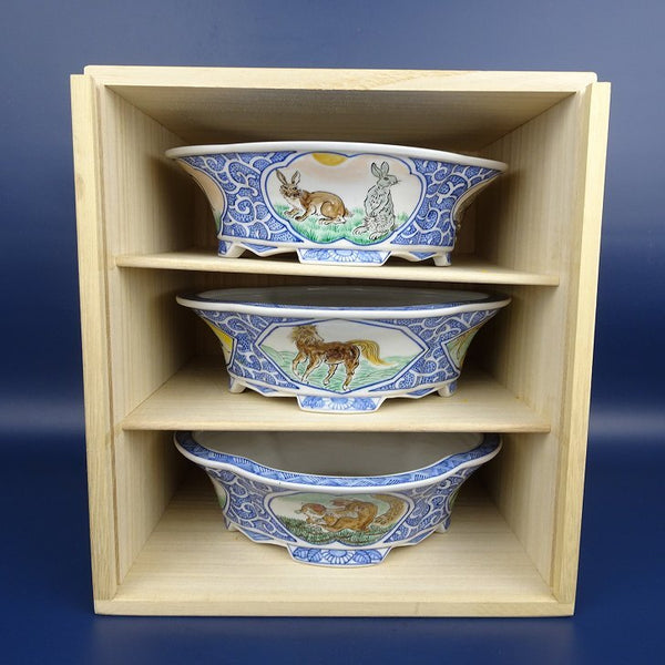 盆栽鉢 月香 3鉢セット 小型 長辺 約19cm 木瓜鉢 外縁 色絵 十二支図 干支 動物 三枚組鉢 共布 共箱  新品 l1198412462