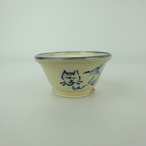 盆栽鉢 ゆうき祥石 小鉢 長辺 約 6.3cm 丸鉢 絵鉢 猫 ネコ ねこ 釉薬 観賞用  新品 x1198406296