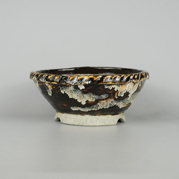 盆栽鉢 大山 大久保 欣三郎 小型 長辺 約17.8cm 丸鉢 釉薬  新品 s1198415364