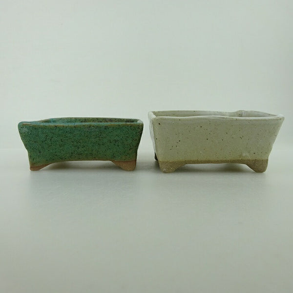 盆栽鉢 ゆうき祥石 2点セット 小鉢 長辺 約8cm 長方鉢 緑 白 釉薬 観賞用  新品 h1198427564