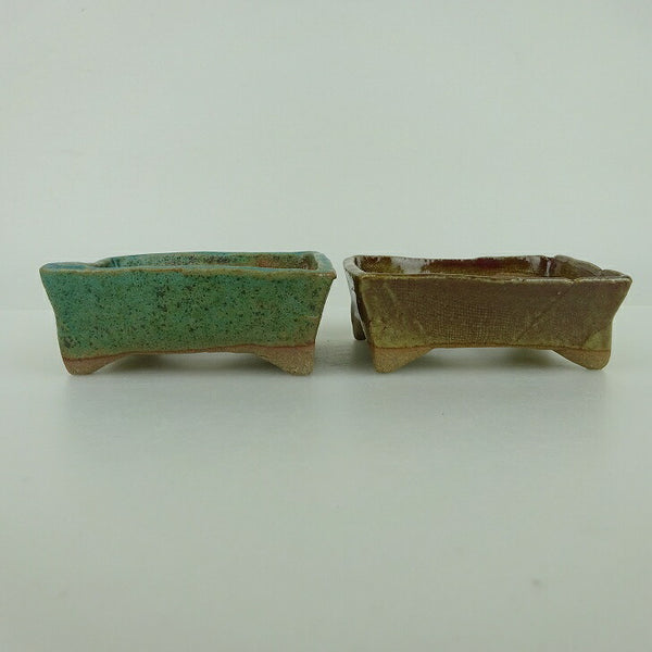 盆栽鉢 ゆうき祥石 2点セット 小鉢 長辺 約8cm 長方鉢 緑 茶 釉薬  新品 o1198429752