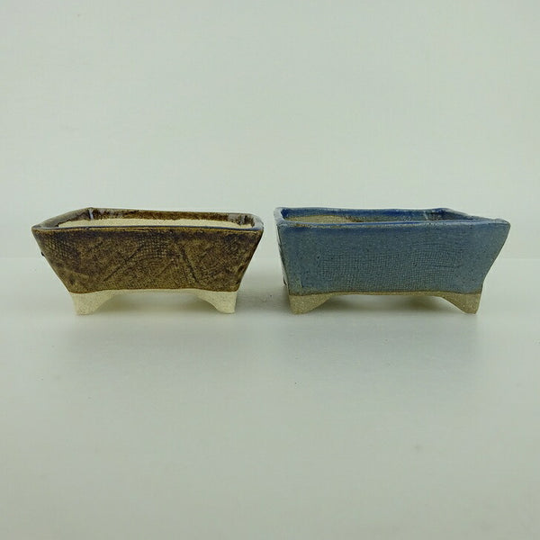 盆栽鉢 ゆうき祥石 2点セット 小鉢 長辺 約8cm 長方鉢 茶 水色 釉薬  新品 p1198420164