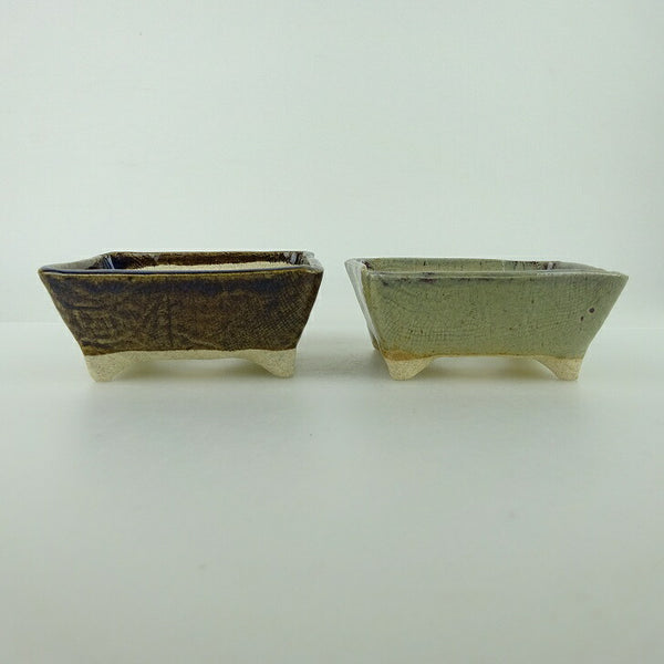 盆栽鉢 ゆうき祥石 2点セット 小鉢 長辺 約7.8cm 長方鉢 茶 グレー 釉薬 観賞用  新品 h1198429904