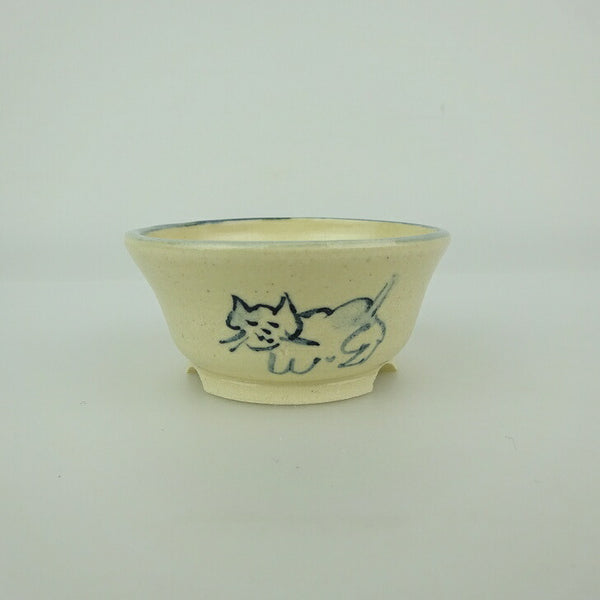 盆栽鉢 ゆうき祥石 小鉢 長辺 約 6.8cm 丸鉢 絵鉢 猫 ネコ ねこ 釉薬 観賞用  新品 j1198412241
