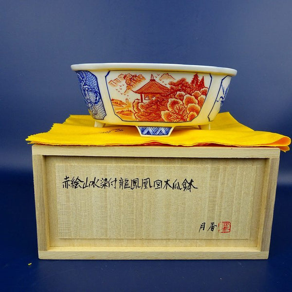 盆栽鉢 月香 小型 長辺 約15.5cm 木瓜鉢 赤絵 山水 染付 龍 鳳凰 共箱 共布 観賞用  新品 t1198407139