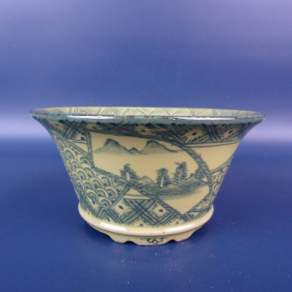 盆栽鉢 ゆうき祥石 小型 長辺 約 10.4cm 丸鉢 外縁 染付 風景画 釉薬 観賞用  新品 f1198413065