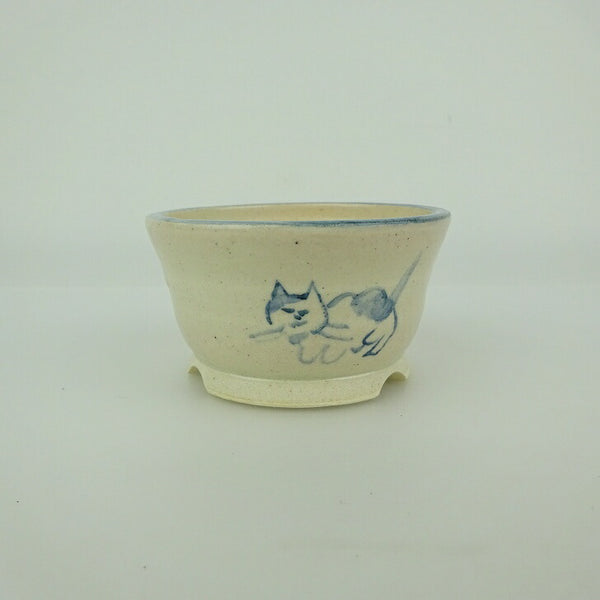 盆栽鉢 ゆうき祥石 小鉢 長辺 約 7.2cm 丸鉢 絵鉢 猫 ネコ ねこ 足跡 肉球 釉薬 観賞用  新品 q1198411492
