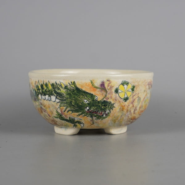 盆栽鉢 蝉山 小型 長辺 約12.8cm 丸鉢 色絵 龍 りゅう リュウ 竜 観賞用  新品 q1198412577