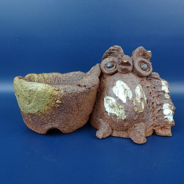 盆栽鉢 信楽 信楽焼 小型 長辺 約19cm ふくろう付 丸鉢 手作り 梟 フクロウ 観賞用  新品 p1198419868