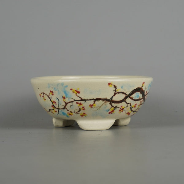 盆栽鉢 蝉山 小型 長辺 約 12.5cm 丸鉢 色絵 木の実 ツル 植物 観賞用  新品 r1198405229