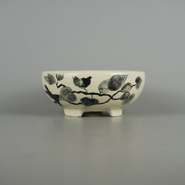 盆栽鉢 蝉山 小型 長辺 約 13cm 丸鉢 色絵 亀山 風景 木の実 植物 観賞用  新品 p1198417041