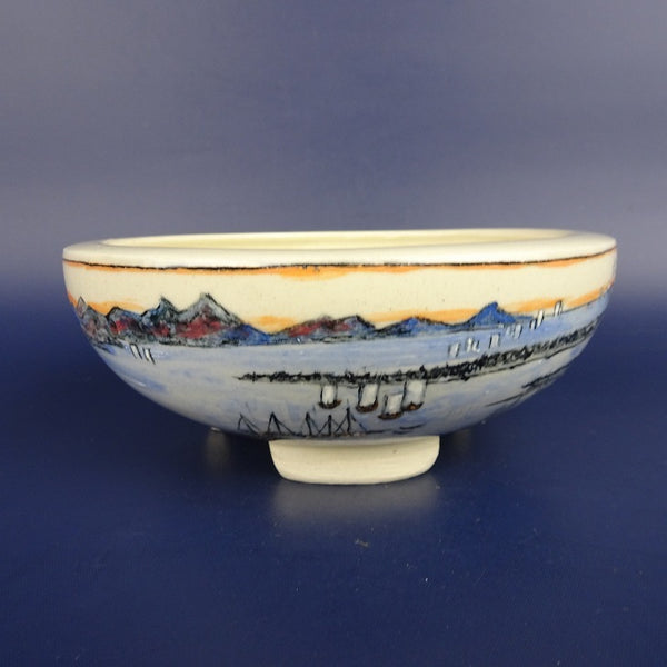 盆栽鉢 蝉山 小型 長辺 約 13.2cm 丸鉢 色絵 風景 辻尻 舟 山 花 植物 観賞用  新品 r1198411303
