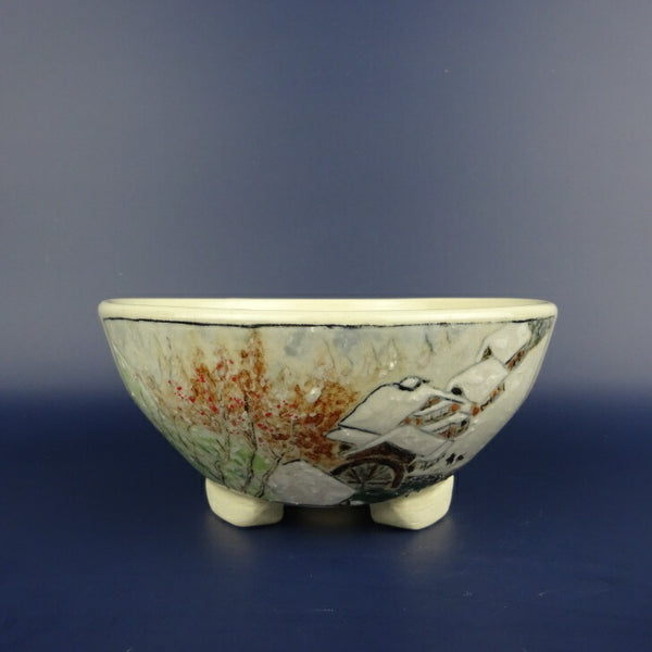 盆栽鉢 蝉山 小型 長辺 約13cm 丸鉢 色絵 風景 観賞用  新品 e1198414414