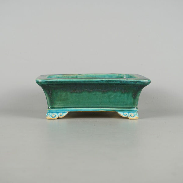 盆栽鉢 桂雲 福田桂雲 小型 長辺 約 16.3cm 長方鉢 外縁 雲足 下帯 釉薬  新品 c1198412011