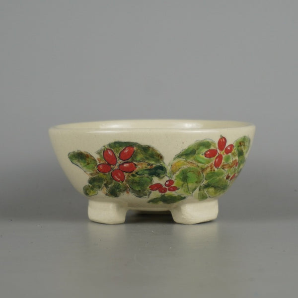 盆栽鉢 蝉山 小型 長辺 約 12.3cm 丸鉢 色絵 果実 木の実 植物 観賞用  新品 b1198415948