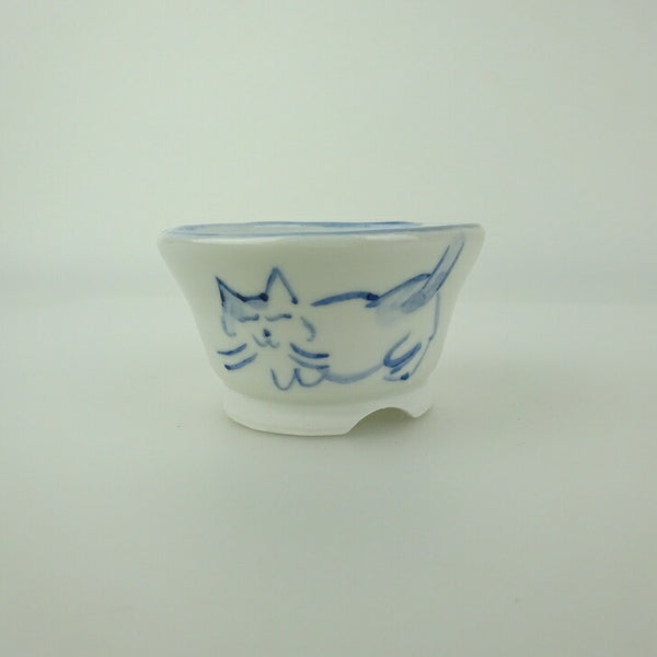 盆栽鉢 ゆうき祥石 小鉢 長辺 約 5.8cm 丸鉢 絵鉢 猫 ネコ ねこ 釉薬 観賞用  新品 w1198415102