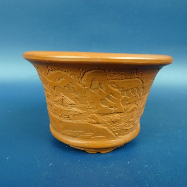 盆栽鉢 庄八 小型 長辺 約7.3cm 丸鉢 外縁 下帯 彫入 風景 山水図  新品 t1198404493