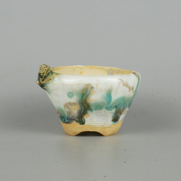 盆栽鉢 正志 古本正志 小鉢 長辺 約7.5cm 丸鉢 蛙付 かえる カエル 釉薬 観賞用  新品 1198404371