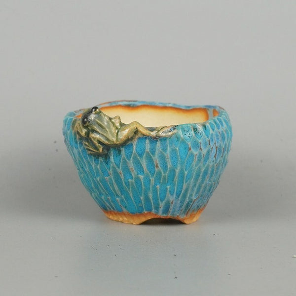 盆栽鉢 正志 古本正志 小鉢 長辺 約7.5cm 丸鉢 蛙付 かえる カエル 釉薬 観賞用  新品 c1198408735